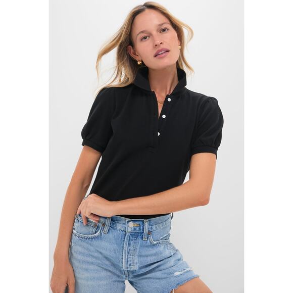 TUCKERNUCK Black Pique Puff Sleeve Peggy Polo Size M NWT Retail $128 Tuckernuck - Picture 1 of 8